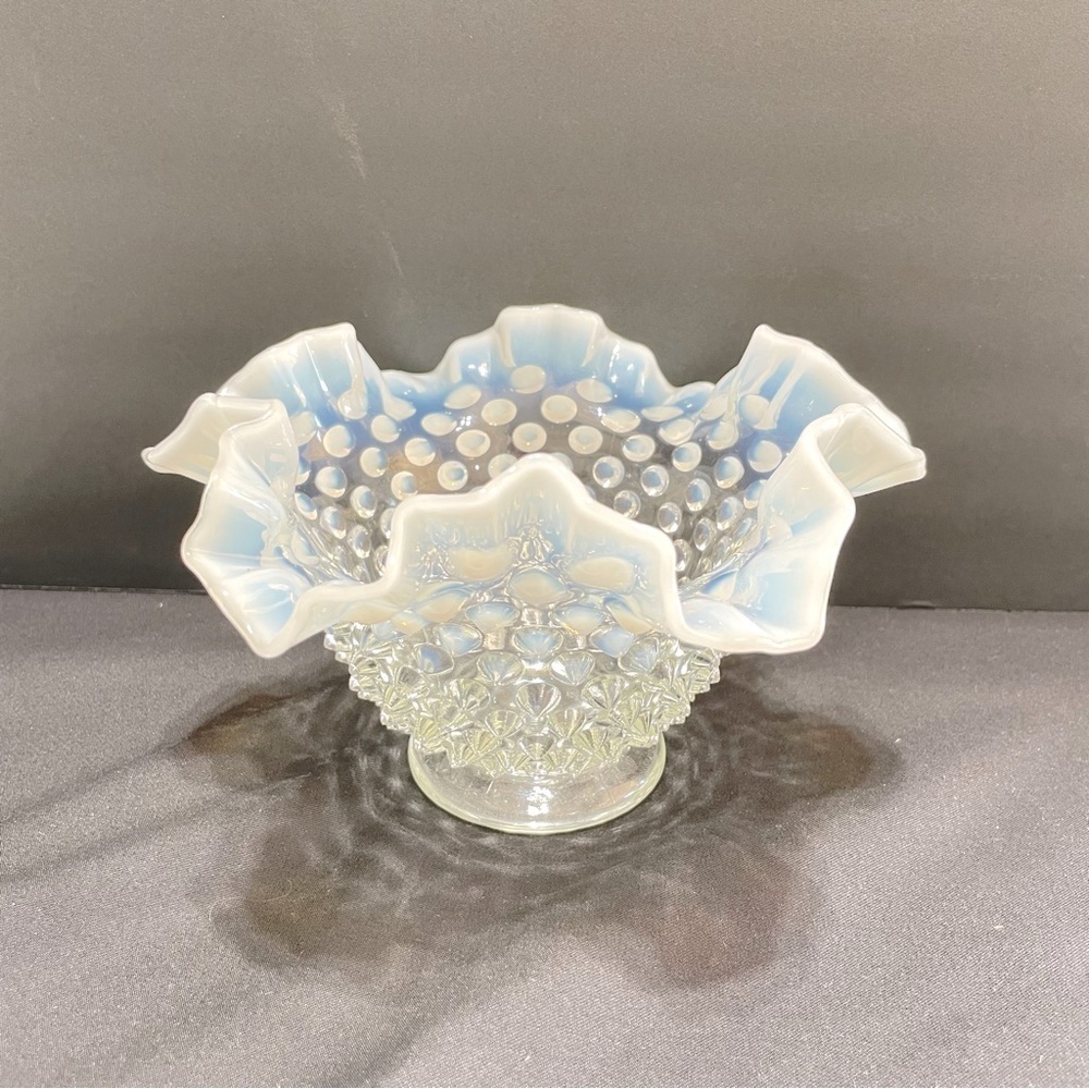 Fenton Glass white opalescent and clear glass polka dots on ruffled fluted edge